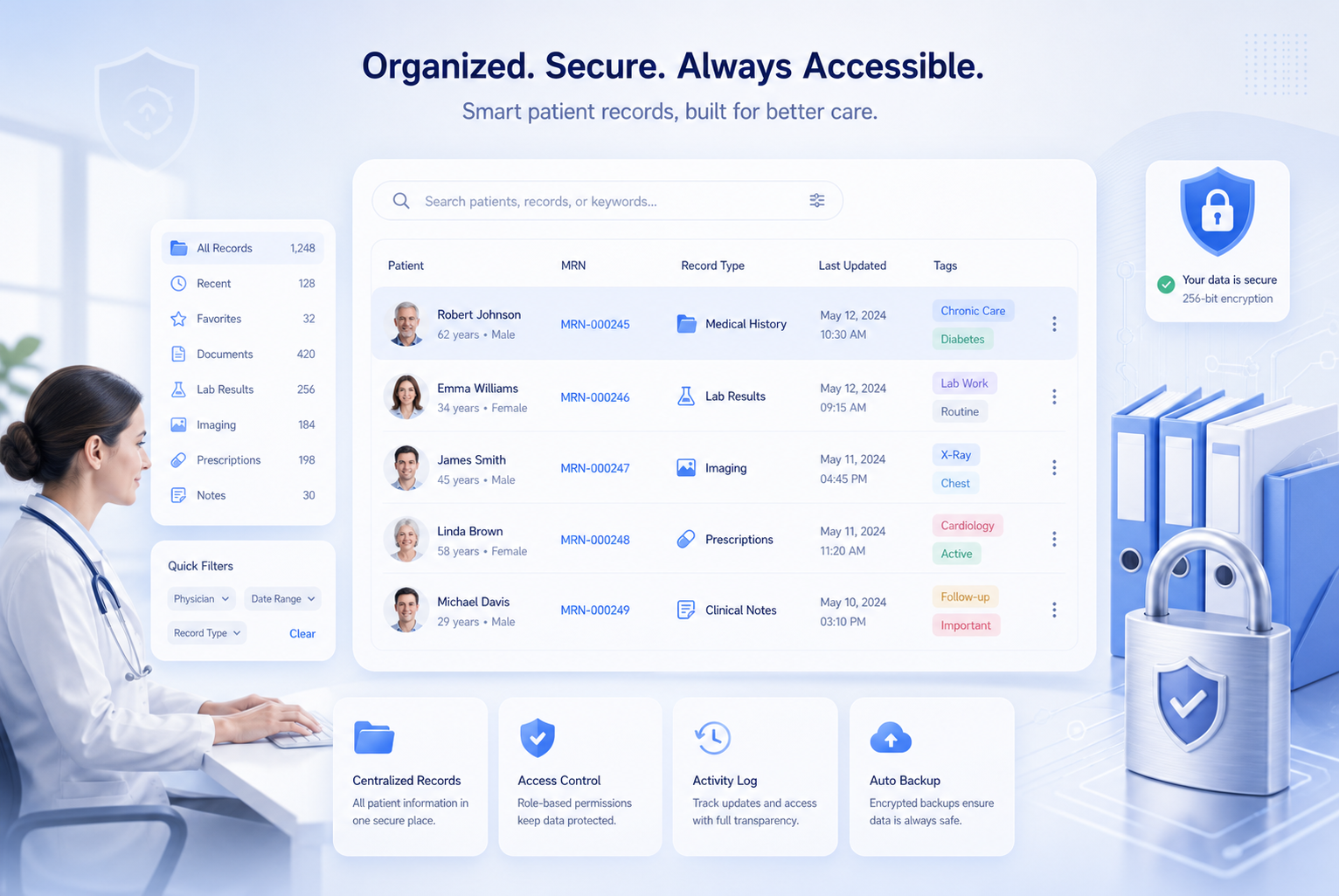 Organized secure patient records